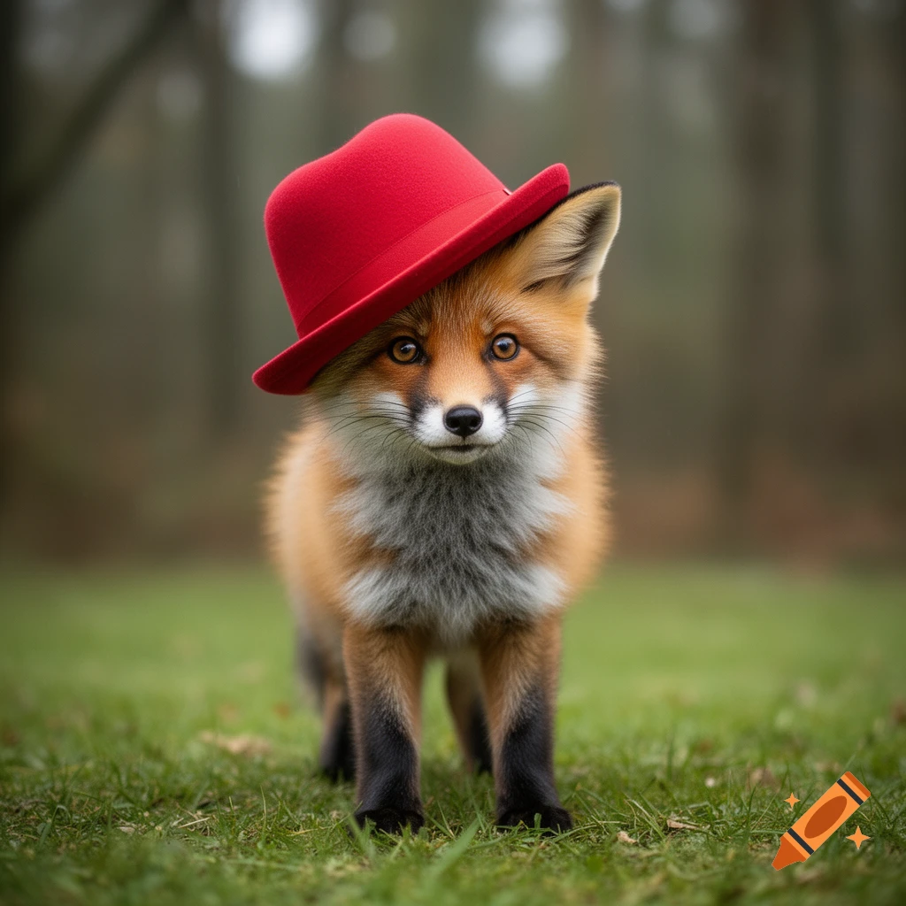 A cute, fluffy red fox wearing a tilted red fedora hat, standing on green grass in a forest.
