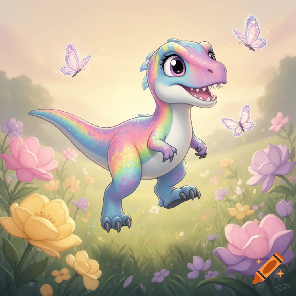 A cute, rainbow-colored velociraptor smiles in a vibrant field of colorful flowers with sparkling butterflies.