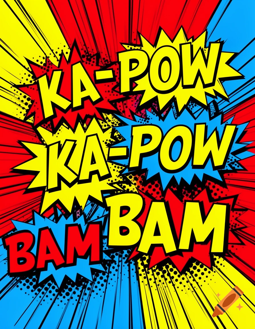 Pop art poster with comic book sound effects 'KA-POW' and 'BAM' in yellow and red on a dynamic red, yellow, and blue background.