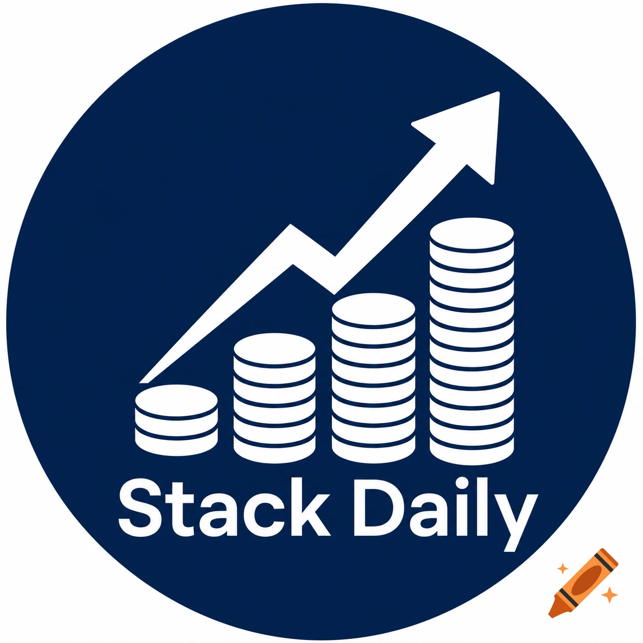 A dark navy blue circular logo features white stacked coins forming a growth chart with an upward arrow and "Stack Daily" text.