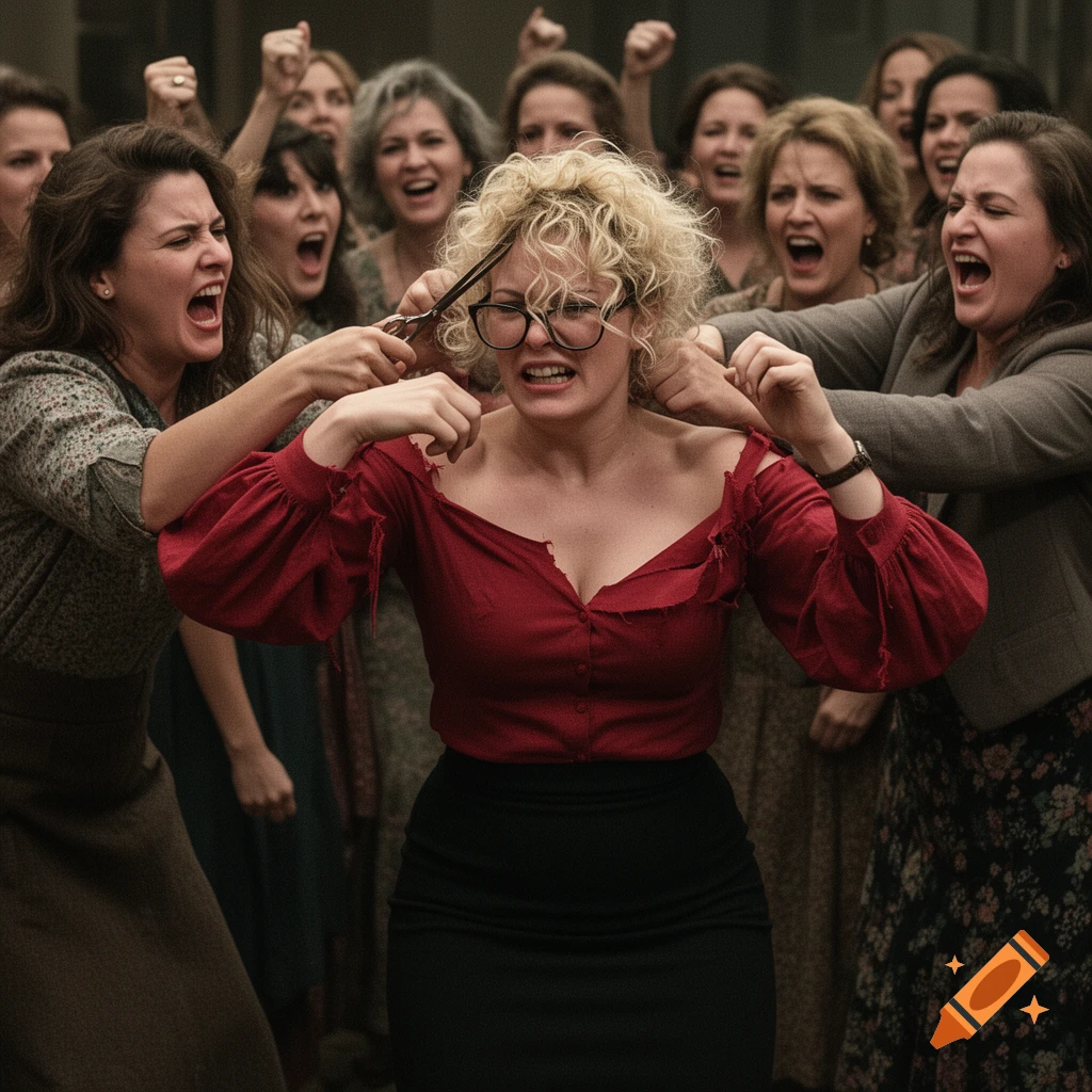 A group of angry women with raised fists surround a distressed woman in glasses. Two women pull her hair and tear her red blouse, one holding scissors near her head.