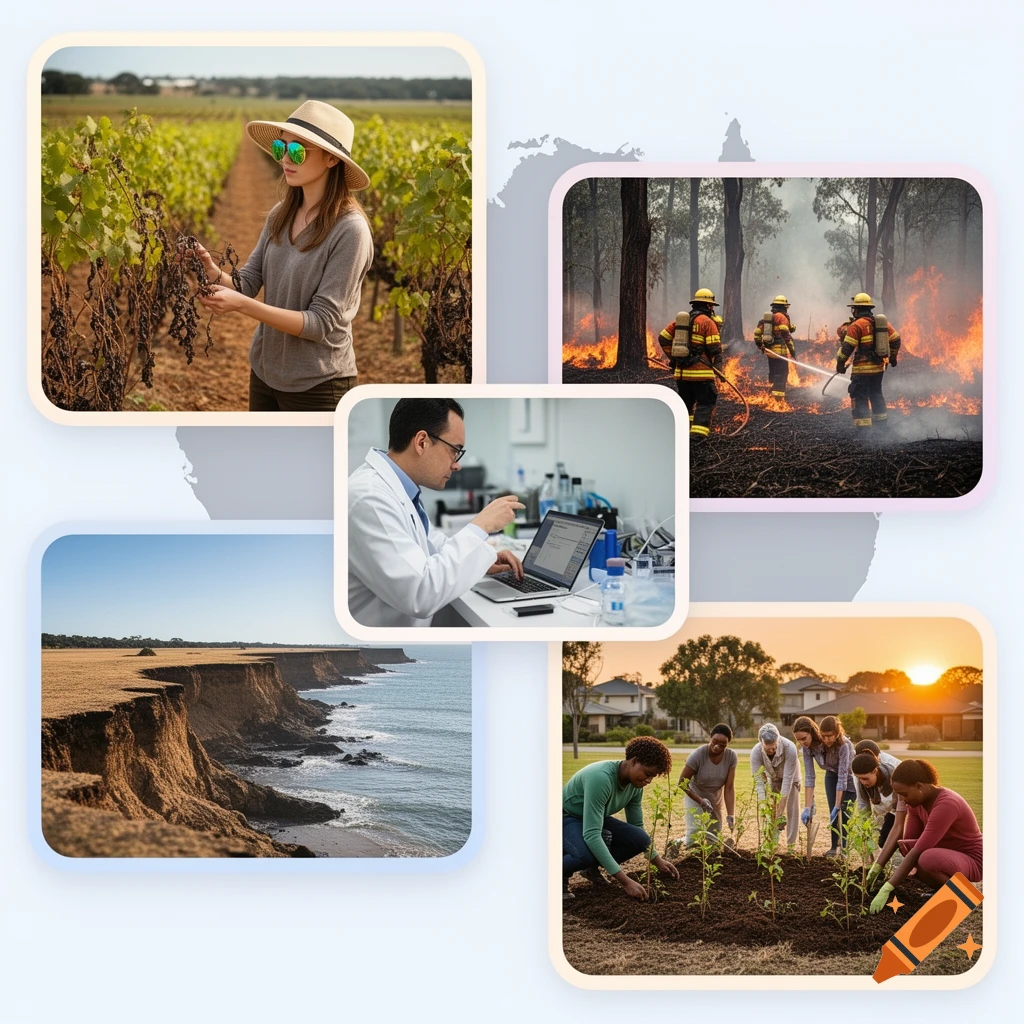 An Instagram post-style collage featuring five rounded images: a woman in a vineyard, firefighters battling a blaze, a scientist in a lab, a coastal cliff, and a group planting trees.
