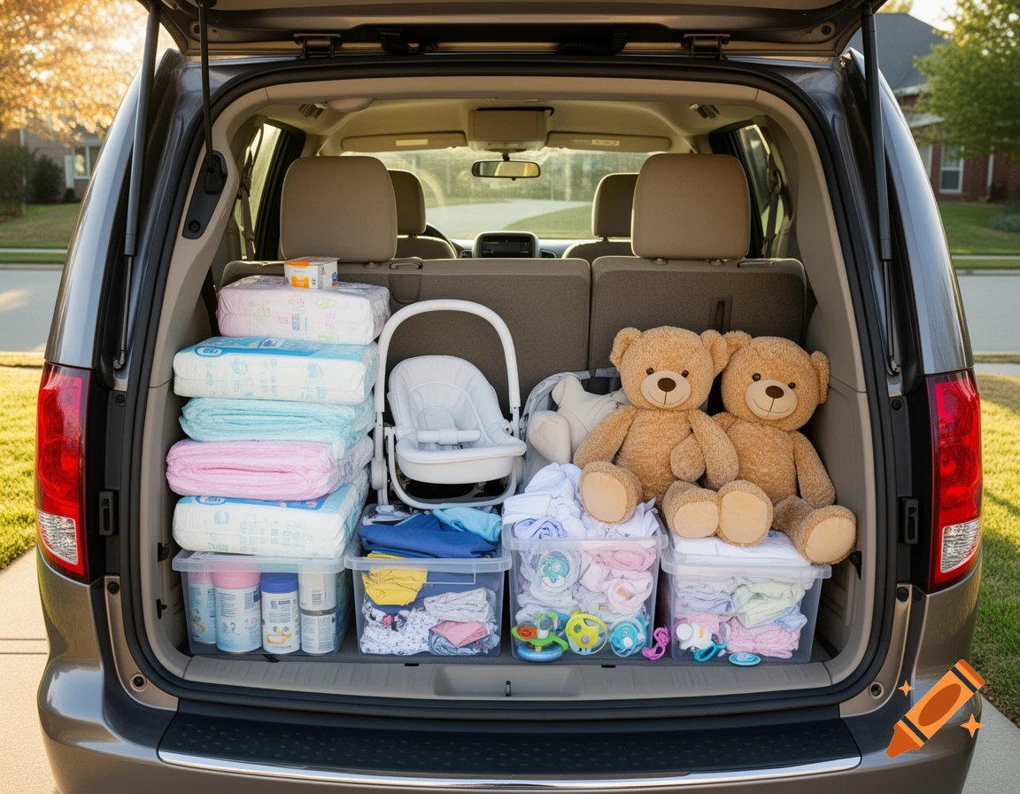 Open trunk of a minivan packed with baby diapers, a baby carrier, two teddy bears, clothing, and bottles, ready for a trip.