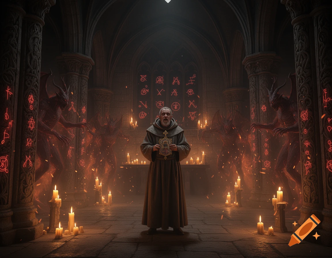 A medieval monk stands in a dark, candlelit gothic monastery, surrounded by glowing red demons and occult symbols.