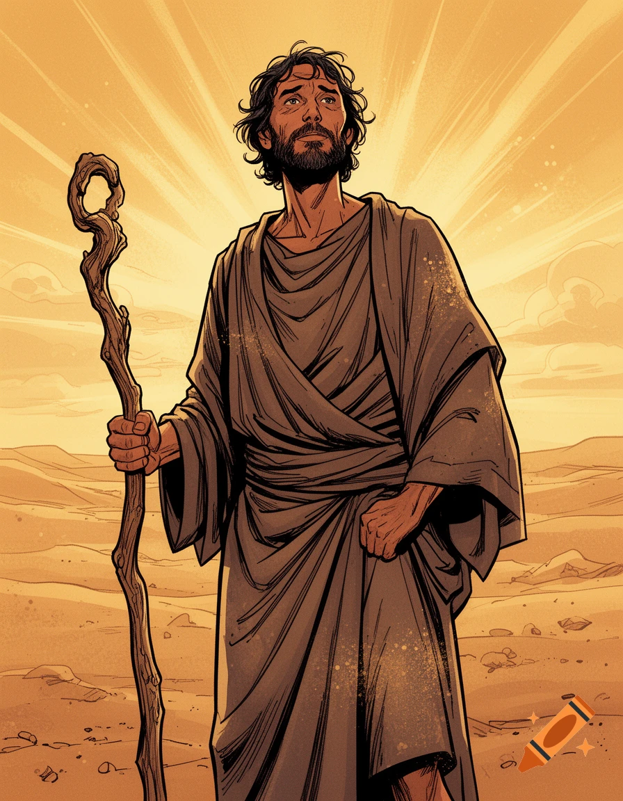 Comic art illustration of Moses, a man in ancient Hebrew attire holding a staff, standing in a desert, looking up with a sorrowful expression.