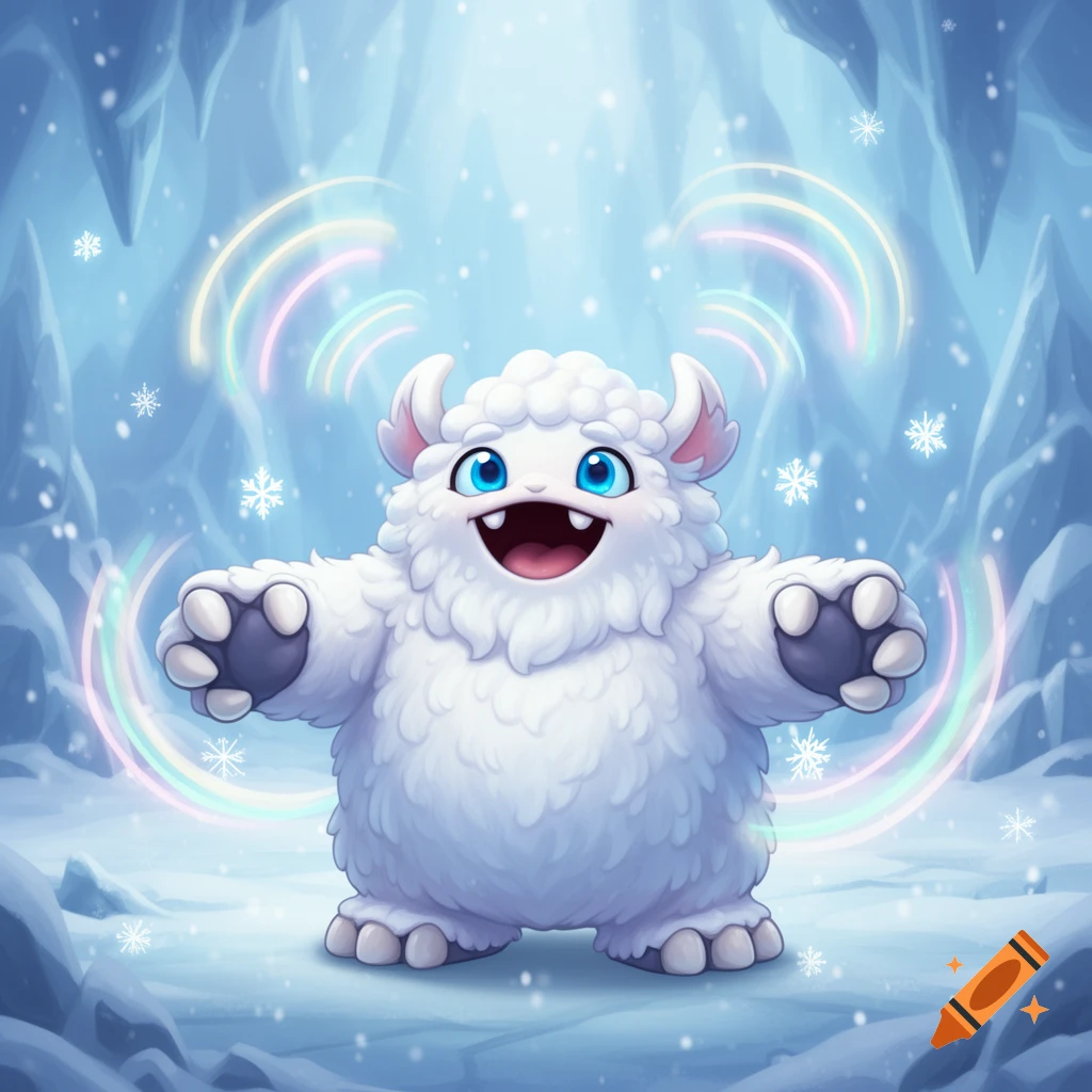 A cute, fluffy white cartoon yeti creature with blue eyes smiles happily in a glowing icy cave with falling snowflakes.