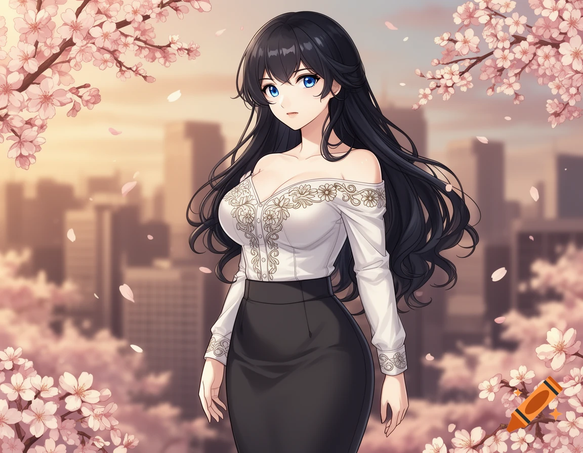 Anime woman with long black hair, blue eyes, in white off-shoulder top and black skirt, standing among cherry blossoms with a city skyline background.