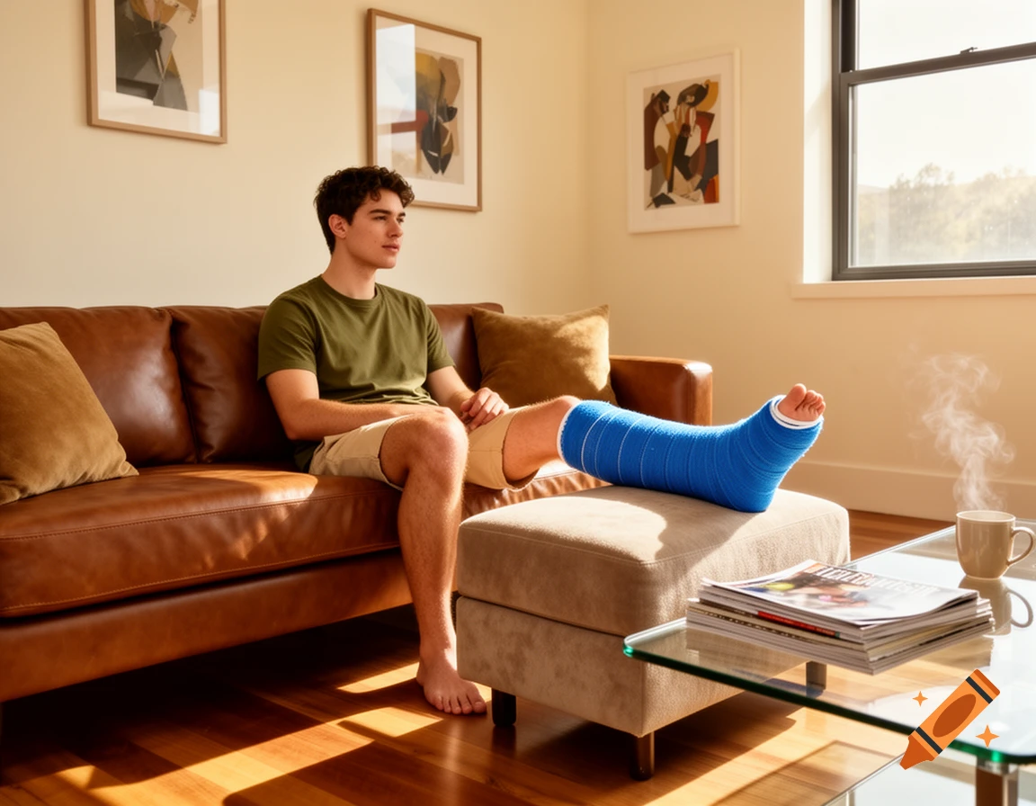 A young man with a blue leg cast sits on a brown leather couch, resting his leg on an ottoman in a sunlit living room.