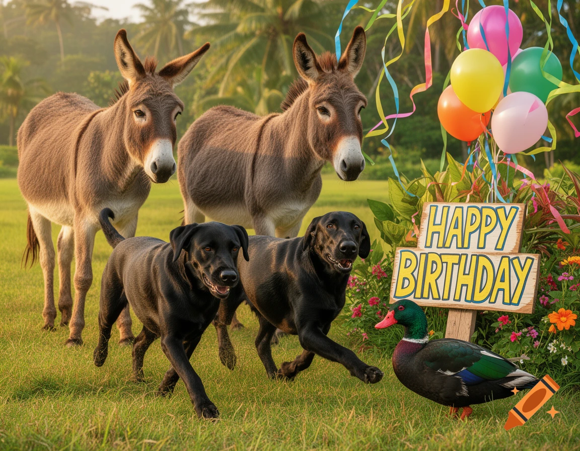 Two donkeys, two black lab dogs, and a duck celebrate a birthday with balloons and a 'HAPPY BIRTHDAY' sign in a grassy field.