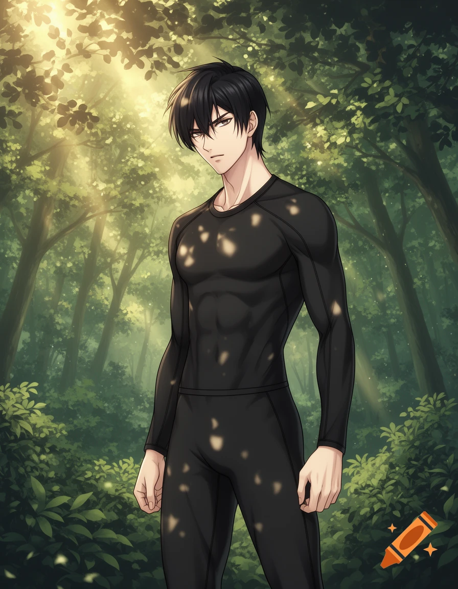 An anime-style man with black hair, wearing black athletic wear, stands in a sunlit forest.