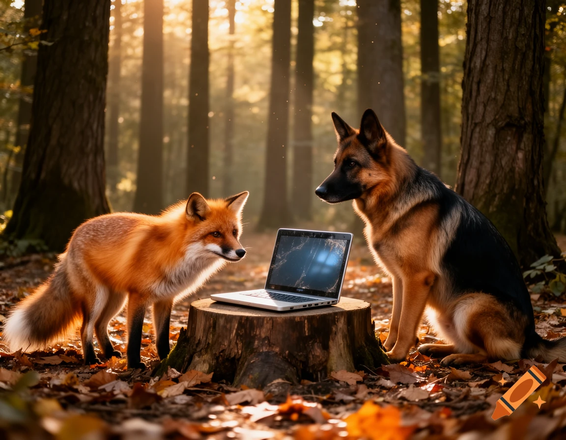 A photorealistic image of an orange fox and a German Shepherd looking at a silver laptop on a tree stump in an autumn forest.