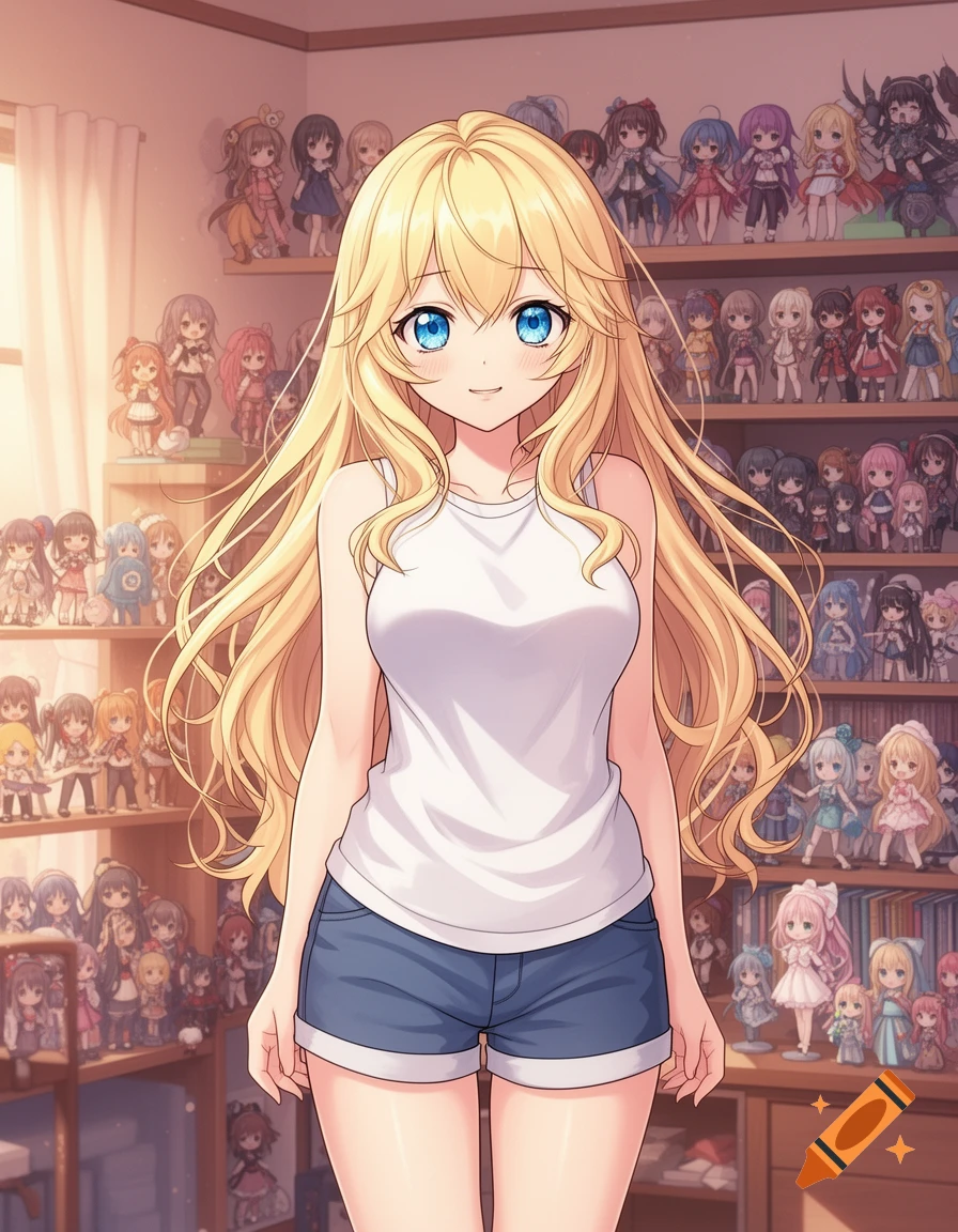 A smiling blonde anime girl in a white tank top and denim shorts stands in a cozy room filled with anime figures.