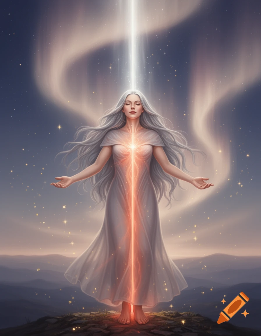 A woman with long silver hair and closed eyes stands with open arms, glowing with light connecting earth and sky against a starry, aurora-lit mountain landscape. Ethereal illustration.