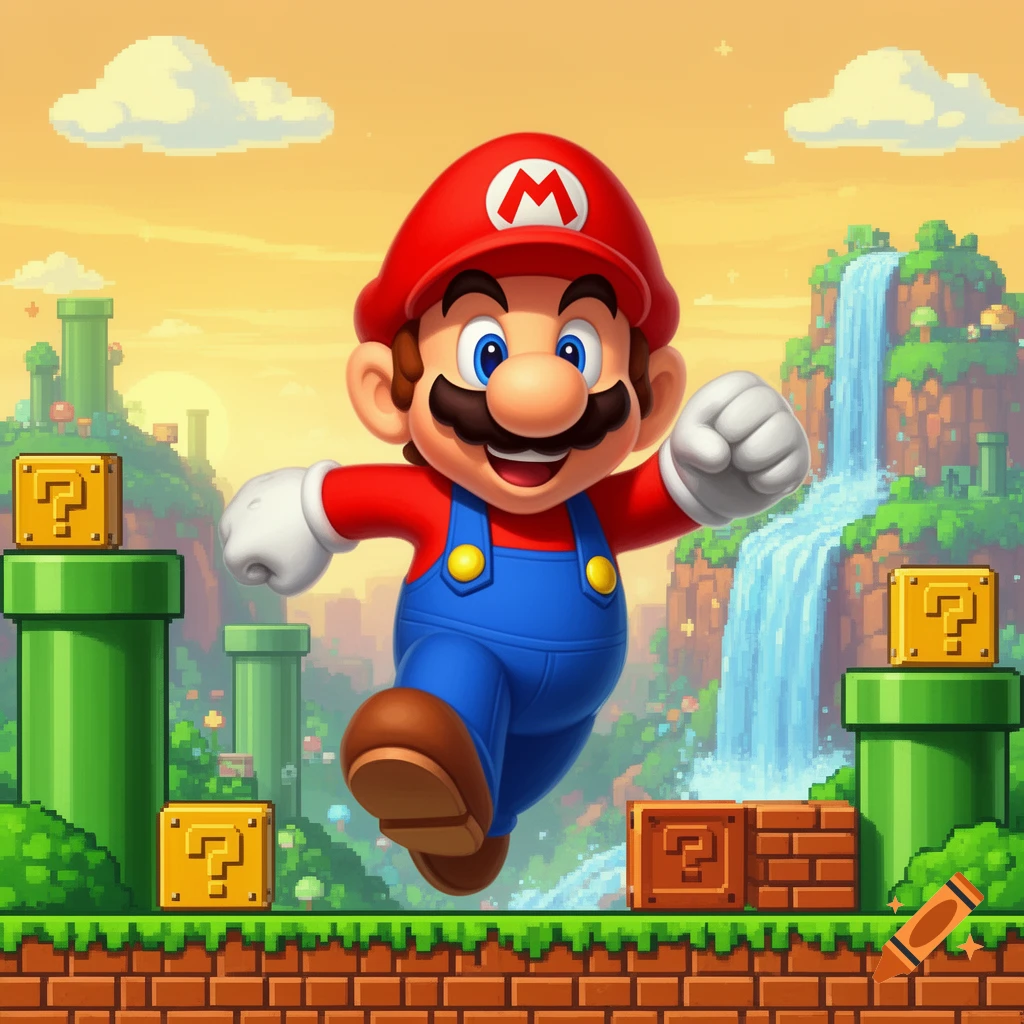 Mario running and jumping in a colorful, pixelated video game world with green pipes, question mark blocks, and a waterfall.