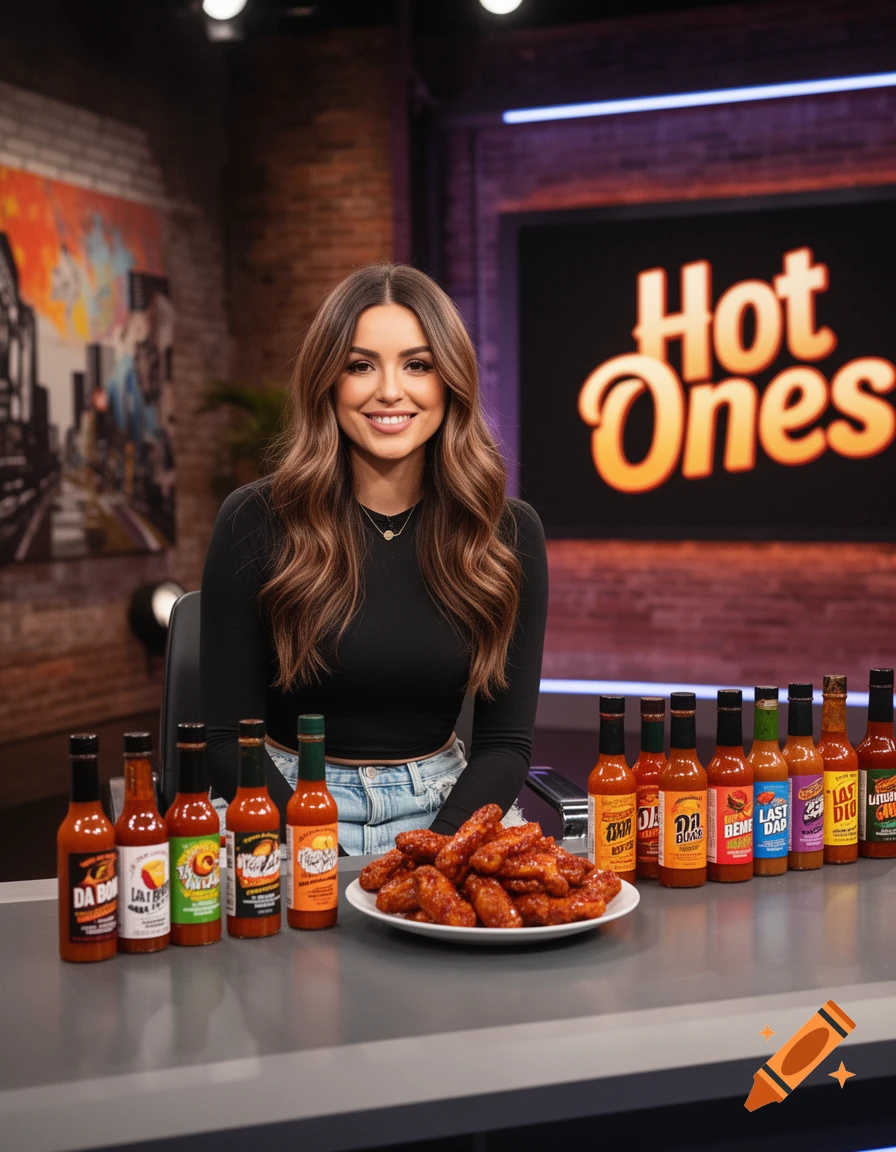 A woman with long brown hair smiles, sitting at a desk with a plate of chicken wings and a row of hot sauce bottles, with a "Hot Ones" logo visible on a screen in the background.