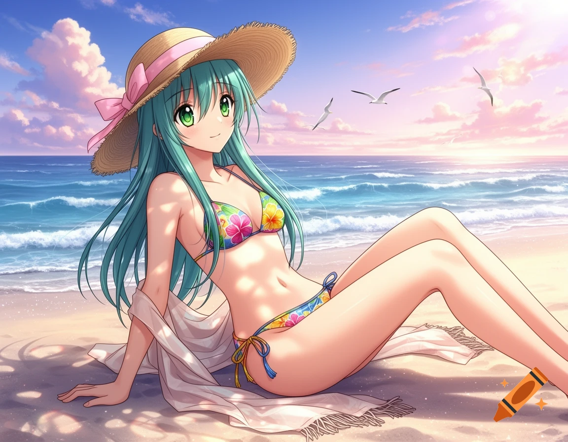 Anime girl with teal hair and a straw hat sunbathing on a sandy beach in a floral bikini at sunset.