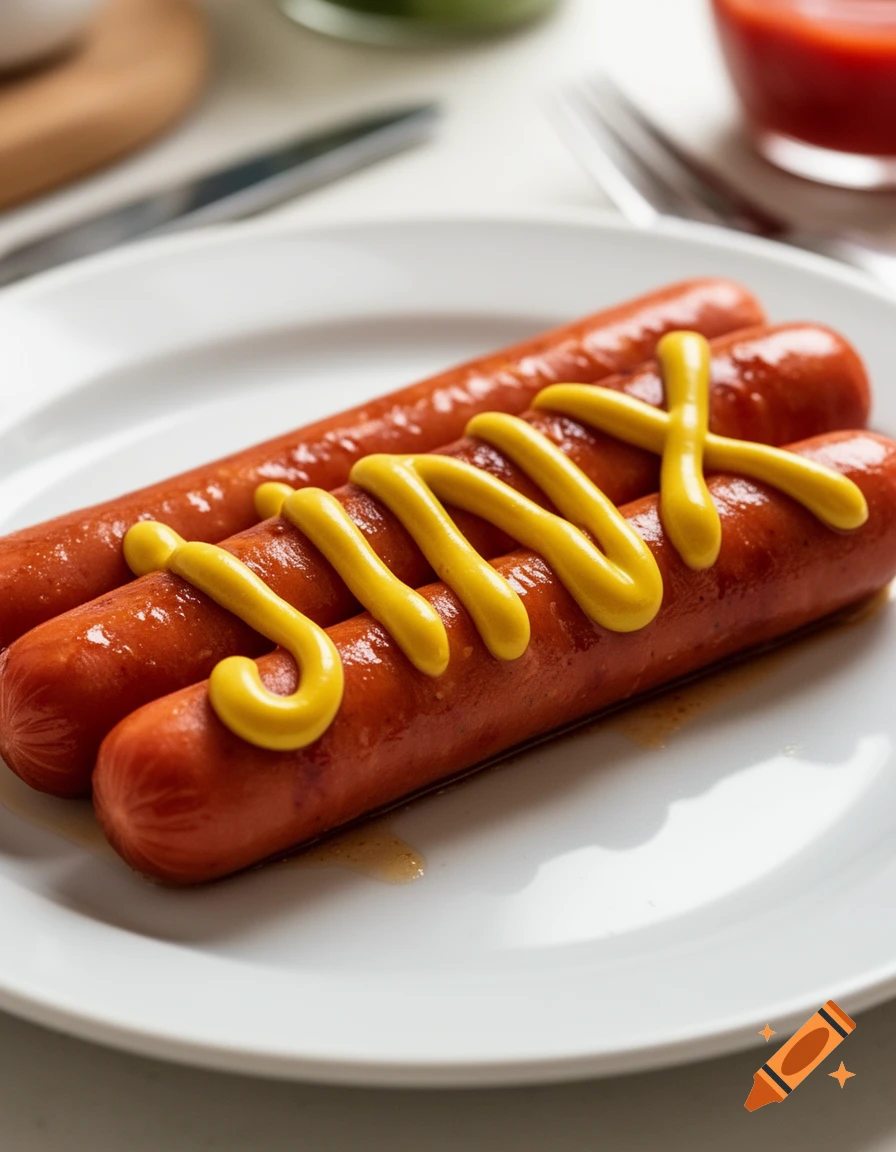 Two glistening hotdogs on a white plate, with the word "jinx" written in yellow mustard.