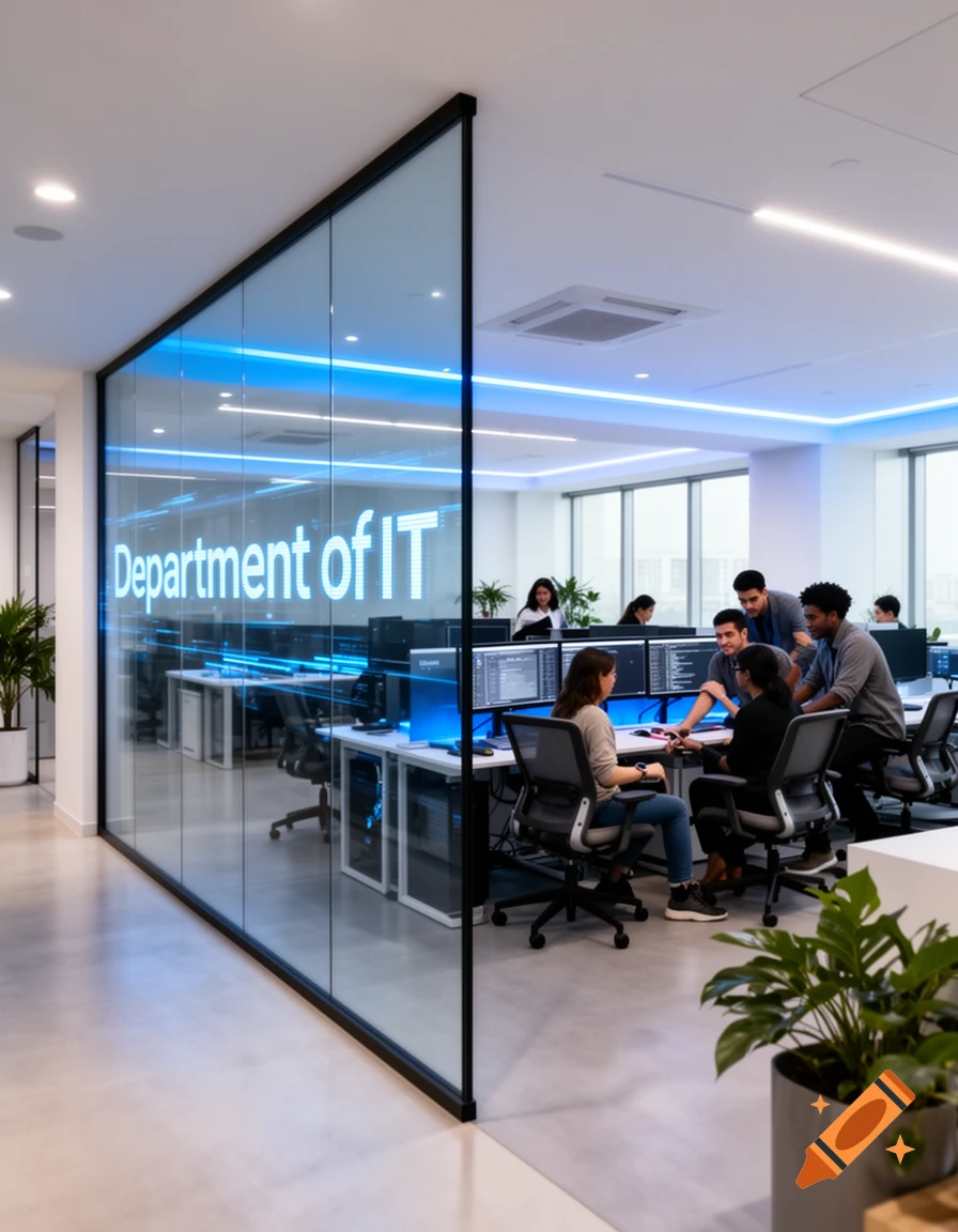 A modern office space with a glass wall displaying "Department of IT" in glowing blue letters, as diverse people work on computers.