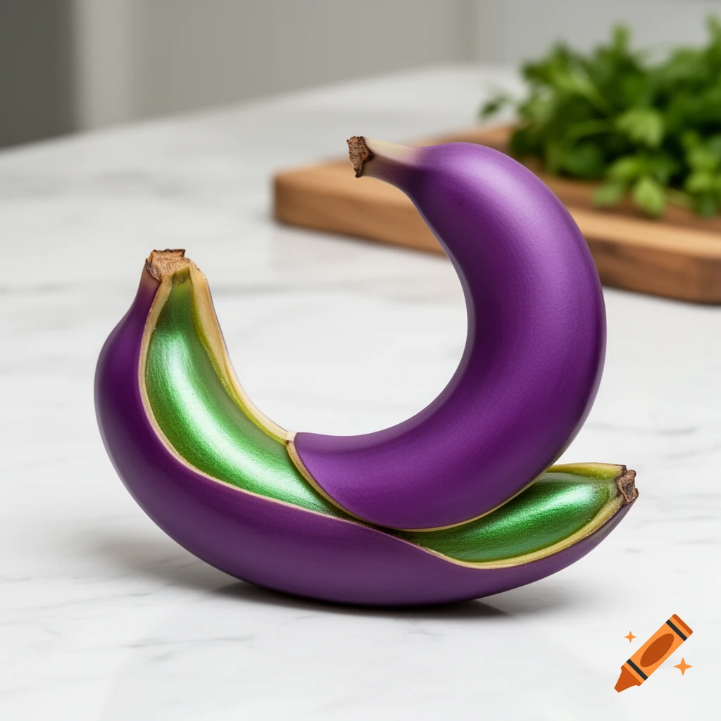 A stylized purple banana with metallic green flesh, shaped like a crescent, resting on a white marble counter.