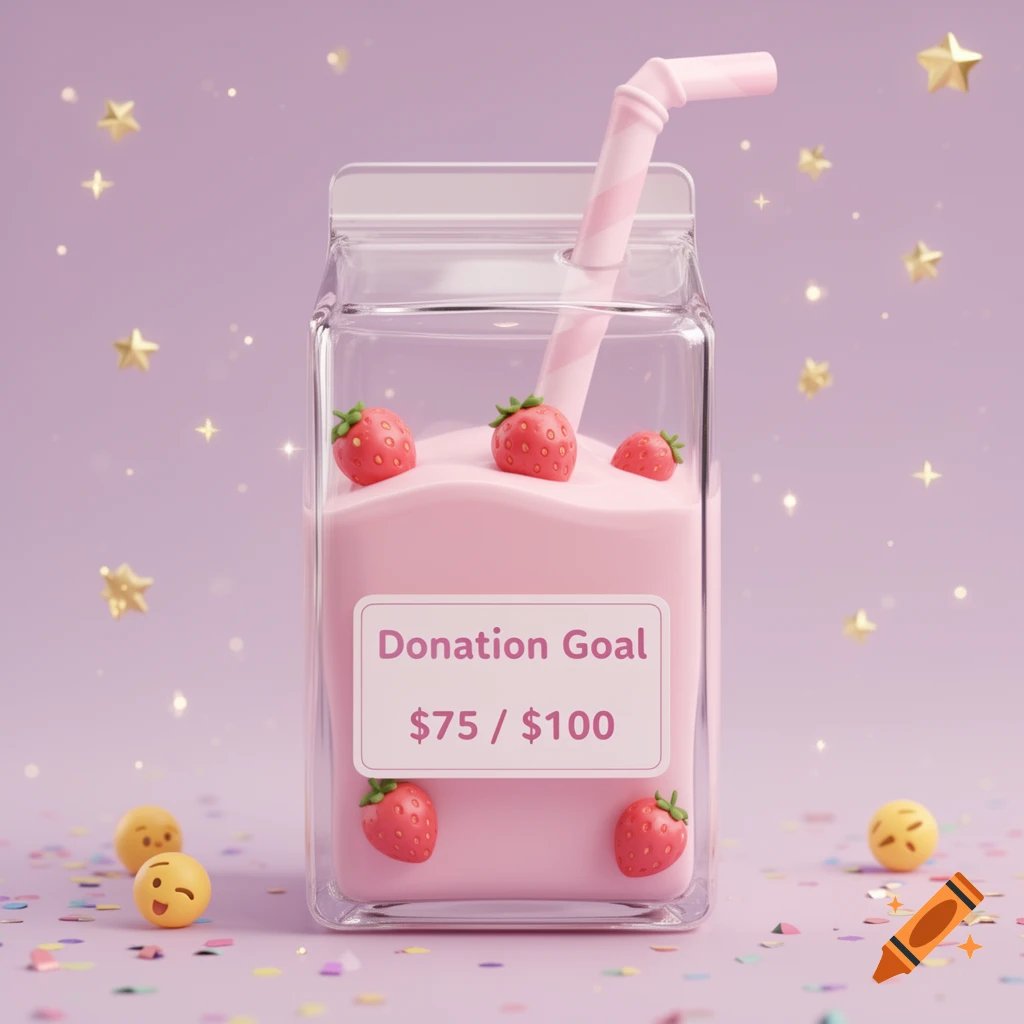 A cute 3D glass strawberry milk carton with a 'Donation Goal $75 / $100' label on a pastel background with stars and emojis.