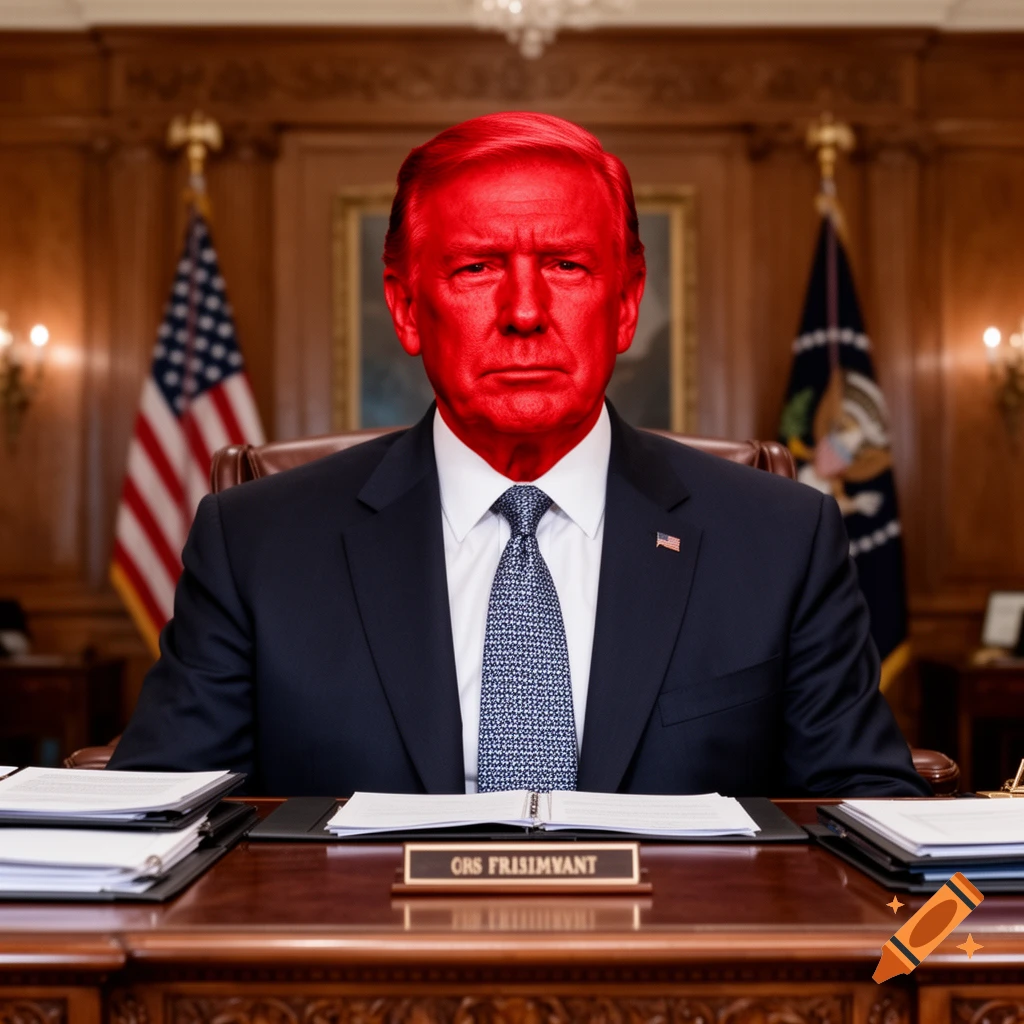 A man with a bright red face, wearing a suit and tie, sits at a large wooden desk in a formal office with flags.