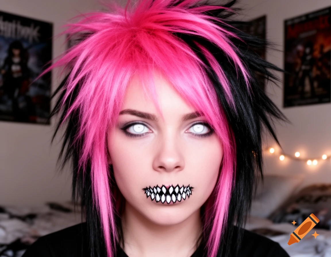 Close-up portrait of a scene girl with spiked pink and black hair, white eyes, and sharp teeth painted on her lips.
