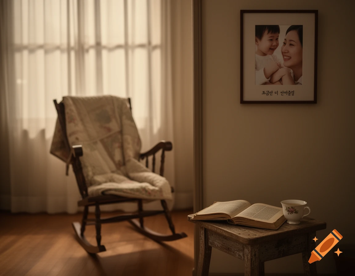 A cozy room featuring a rocking chair with a quilt, an open book, a teacup on a rustic stool, and a framed photo of a mother and child on the wall.