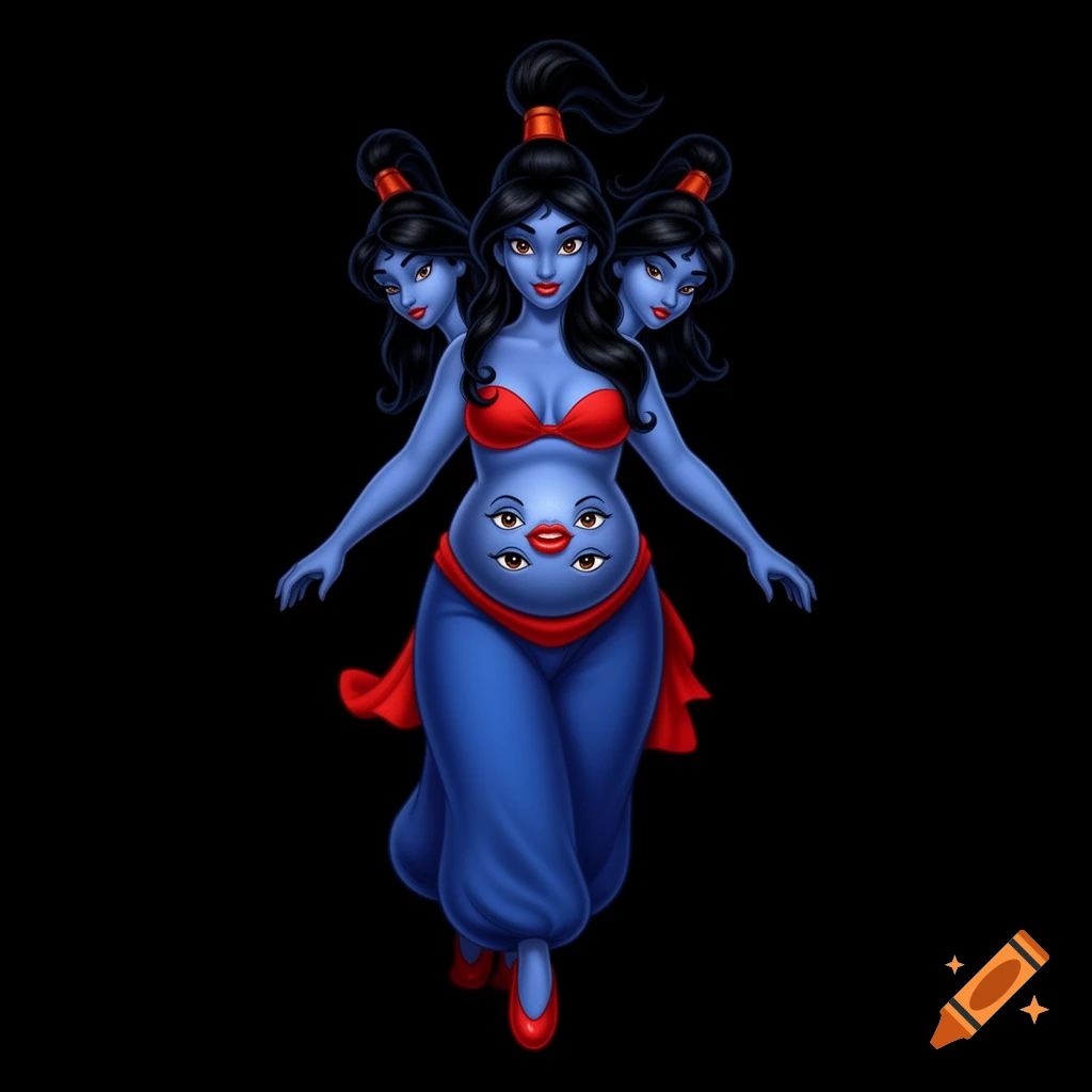 A blue-skinned woman with three heads, black ponytails, a red bra, blue harem pants, and red slippers. Her belly has two sets of eyes and a mouth, in a 2D animation style.