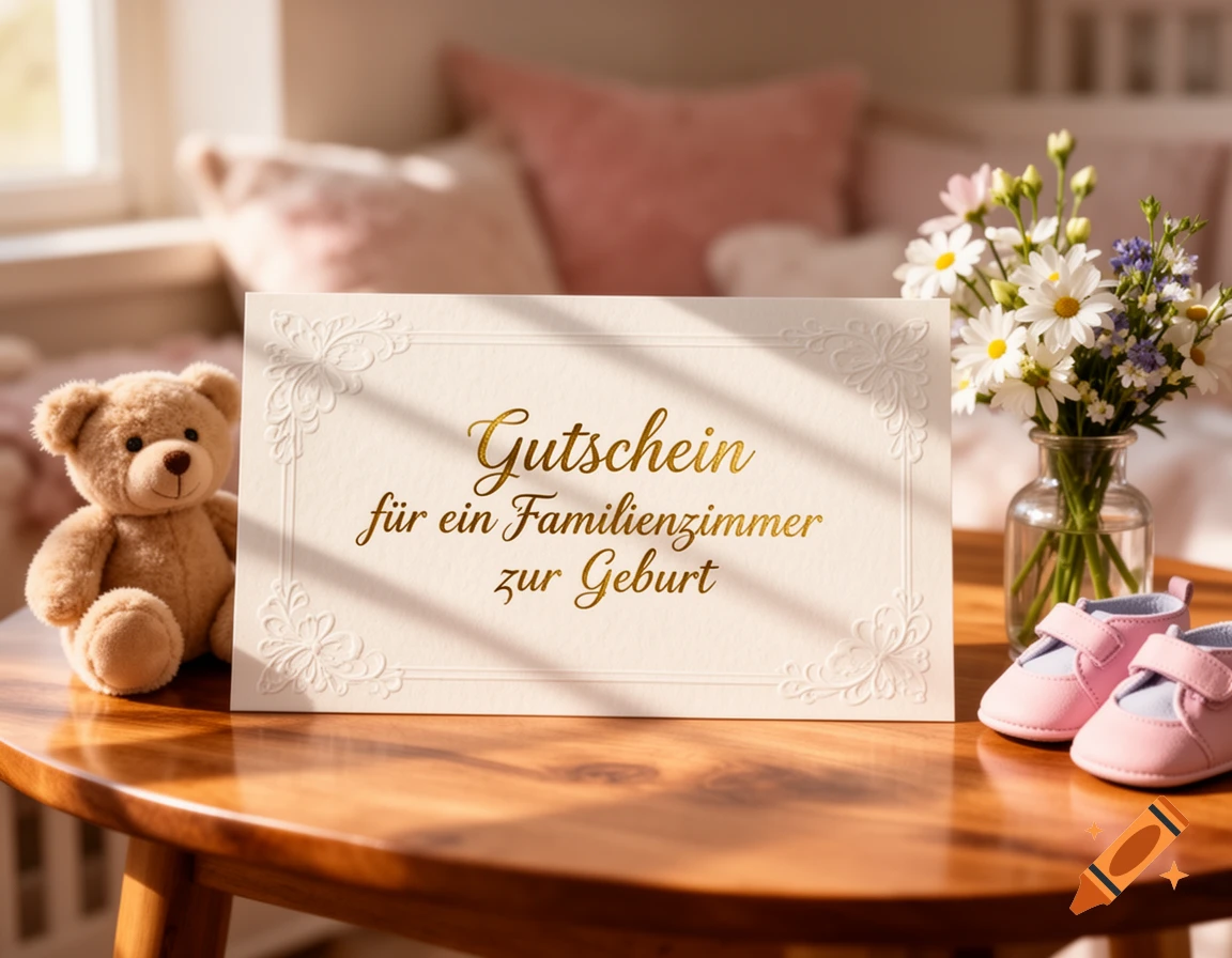 A gift certificate reading "Gutschein für ein Familienzimmer zur Geburt" on a wooden table with a teddy bear, baby shoes, and flowers, in a sunny room.