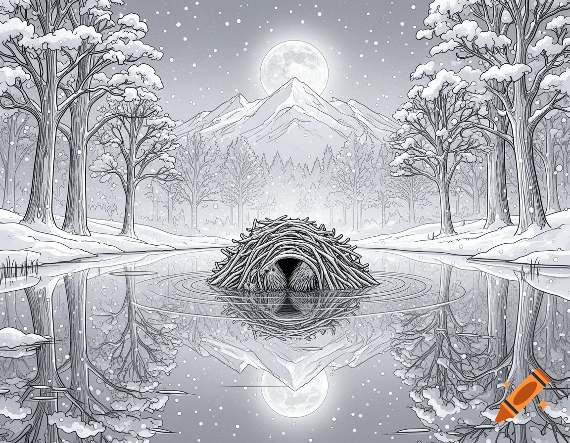 Grayscale line art of a winter pond with a beaver lodge, snow-covered trees, mountains, and a full moon, reflected in the water.