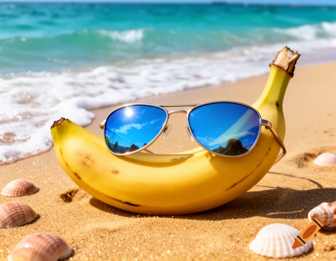A banana wearing sunglasses rests on a sandy beach with seashells, with blue ocean waves in the background, photorealistic style.