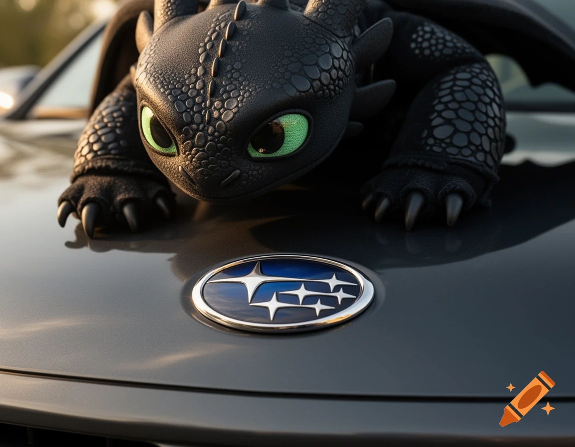 Photorealistic black dragon figure with green eyes on a gray car hood, looking down at a shiny Subaru logo.