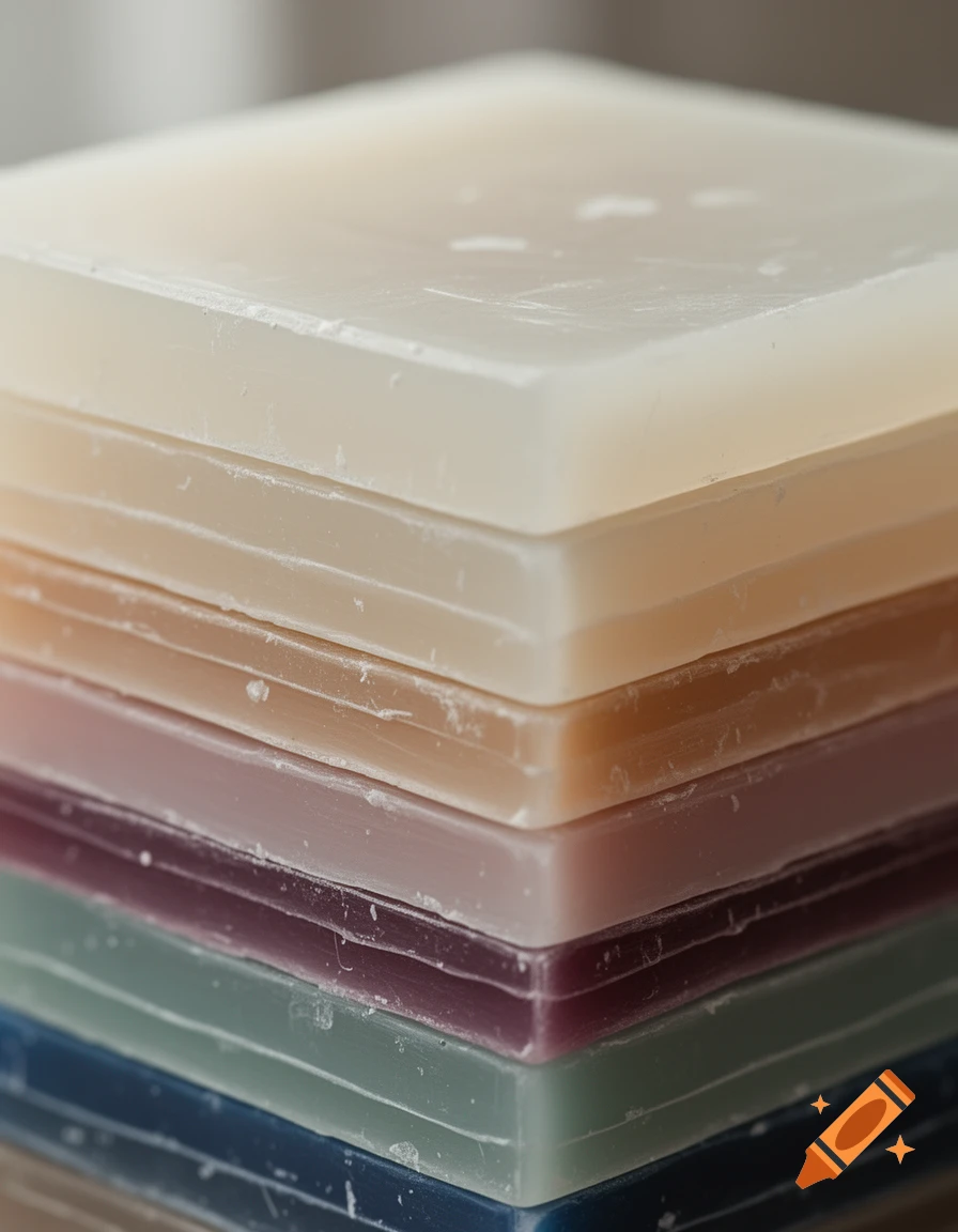 Close-up of a stack of square, translucent wax layers in varying shades of cream, beige, purple, green, and blue.