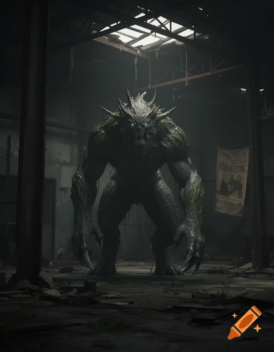 A menacing, moss-covered monster with glowing eyes stands in a dark, dilapidated industrial building, lit from above.
