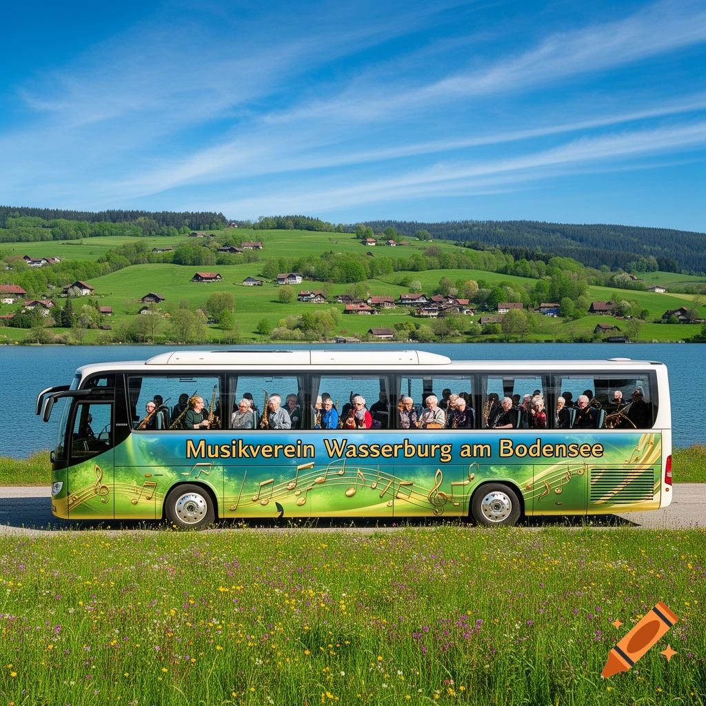 A tour bus with a musical note design drives beside a lake with rolling green hills and houses in the background under a blue sky. The bus reads "Musikverein Wasserburg am Bodensee".