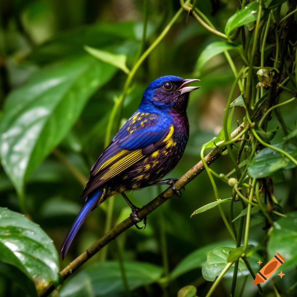 A small bird with vibrant blue, purple, and yellow feathers perches on a branch in a lush green jungle, its beak slightly open.