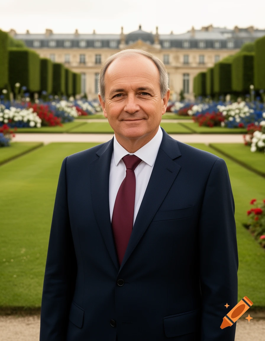 Photorealistic portrait of a man in a dark suit and red tie, standing in formal palace gardens with a grand building behind him.