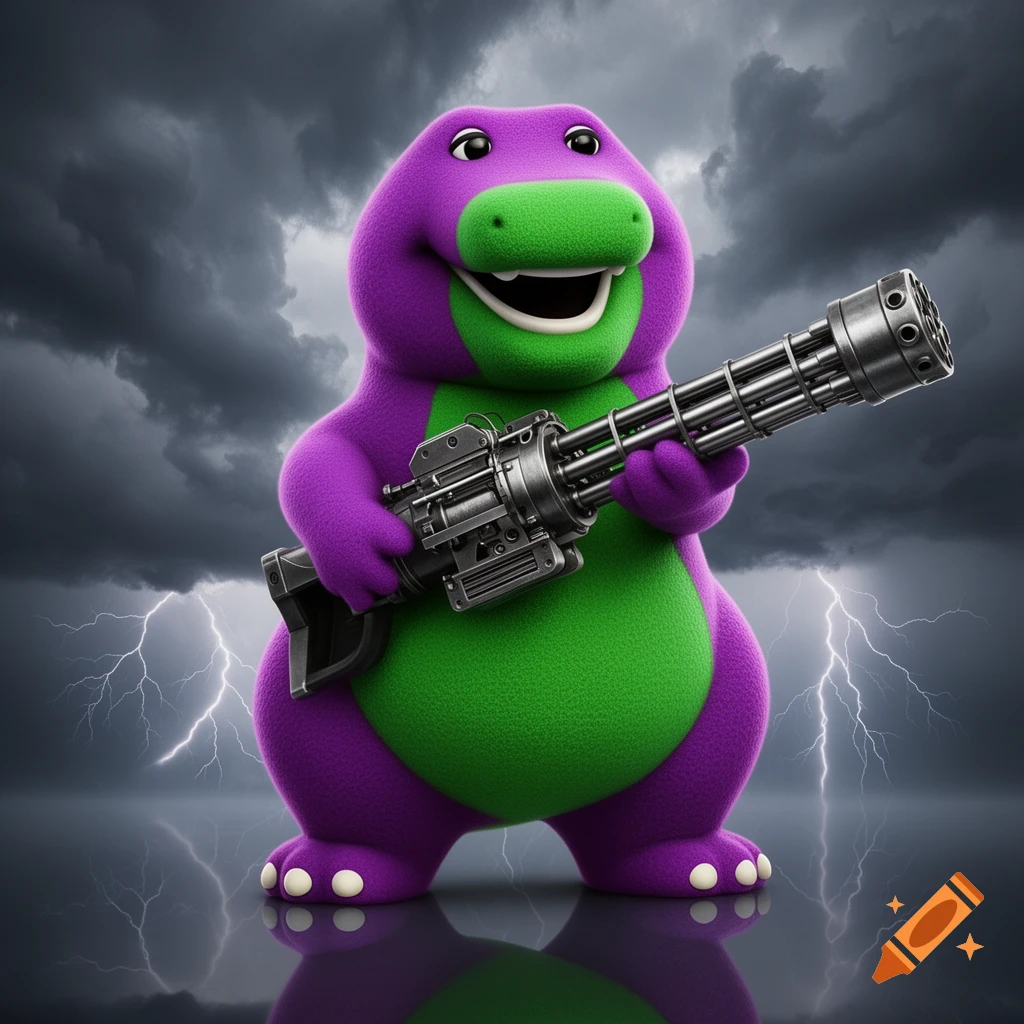 Photorealistic rendering of a purple dinosaur-like character, Barney, holding a large metal minigun under a stormy, lightning-filled sky.