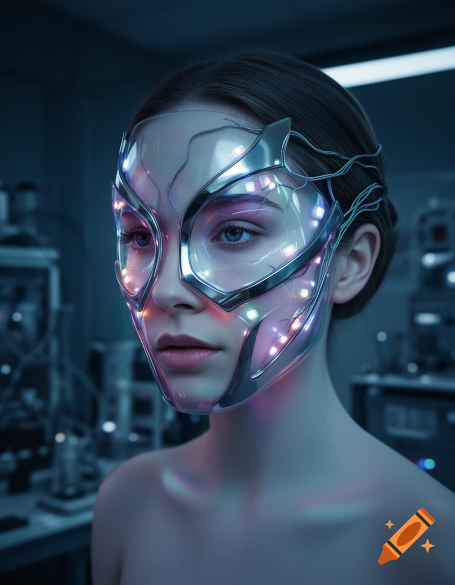 Photorealistic portrait of a woman wearing an intricate, glowing futuristic mask in a dimly lit laboratory.