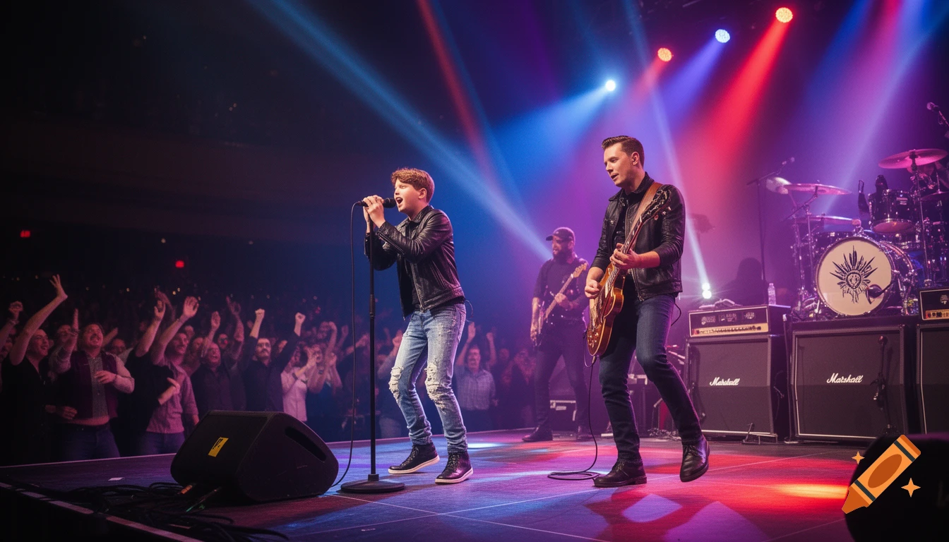 A rock band performs on stage under blue and red spotlights, with a cheering audience visible in the background.