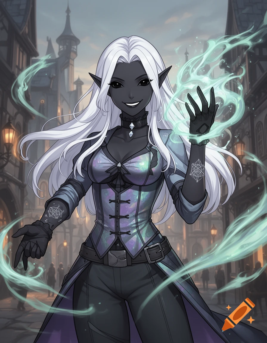 An anime-style Drow elf sorcerer with white hair, dark skin, and a ...