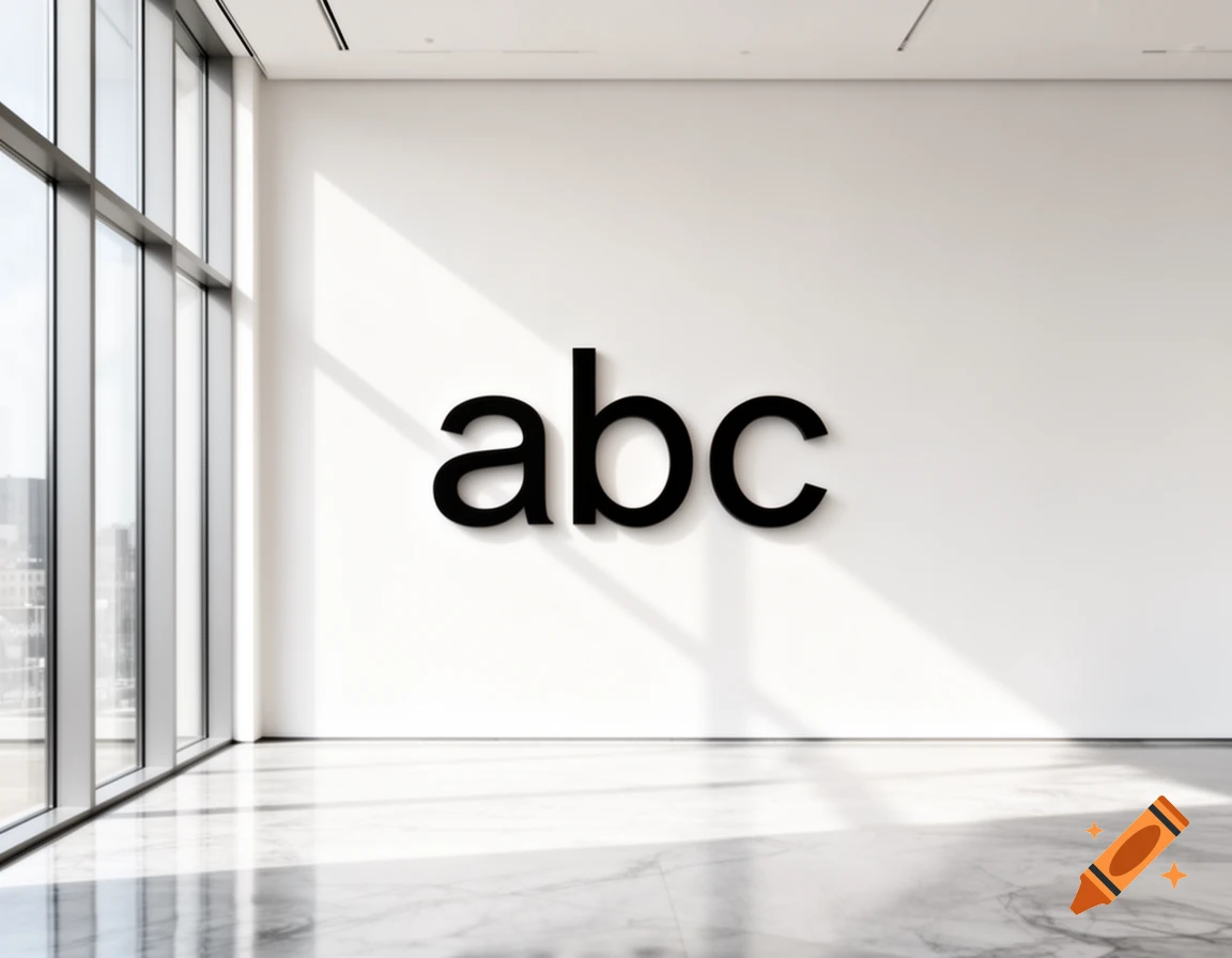 A modern, minimalist room with large windows, a polished marble floor, and the black letters 'abc' prominently displayed on a white wall.