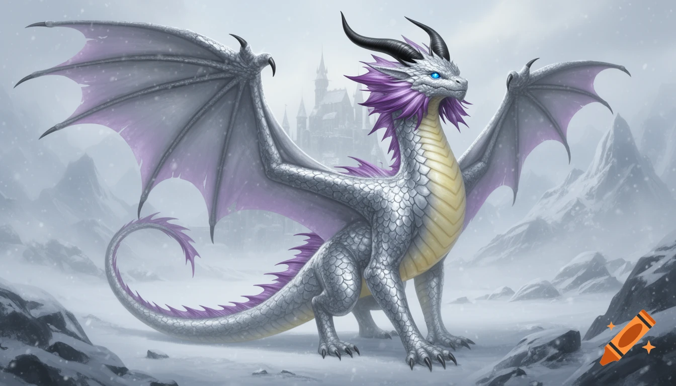 A majestic silver dragon with purple frills and wings, yellow belly, and blue eyes stands in a snowy mountain landscape with a castle.