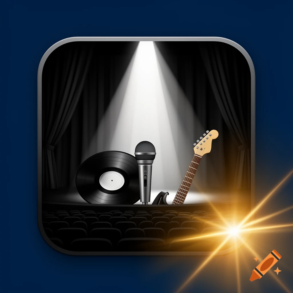 An elegant app icon features a dramatic music stage with a spotlight, vinyl record, microphone, and electric guitar neck, accented by a golden lens flare.
