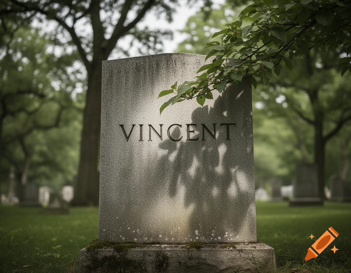 A stone tombstone with 'VINCENT' engraved, surrounded by green grass and trees in a cemetery, with a leafy branch overhead.
