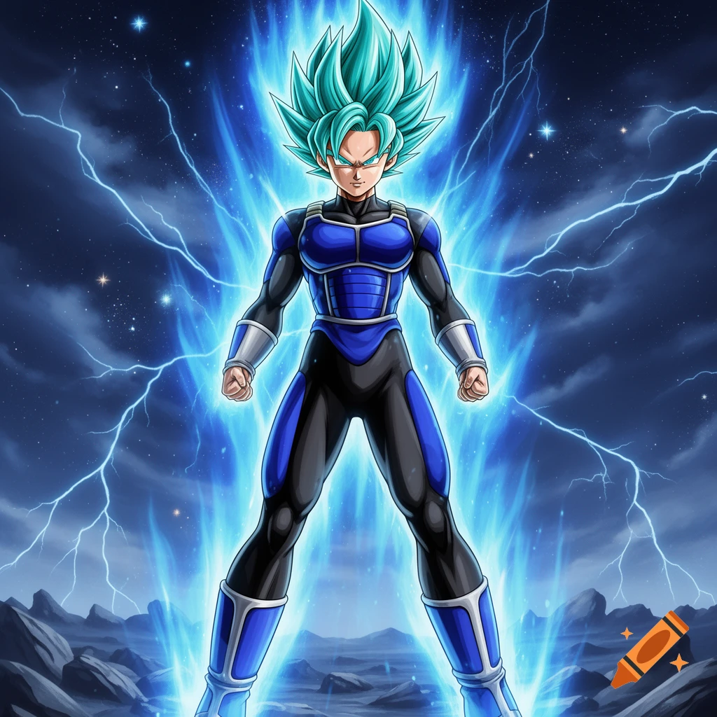 Anime character with teal spiky hair, wearing a blue and black armored suit, radiating a powerful blue aura amidst a lightning-filled sky.