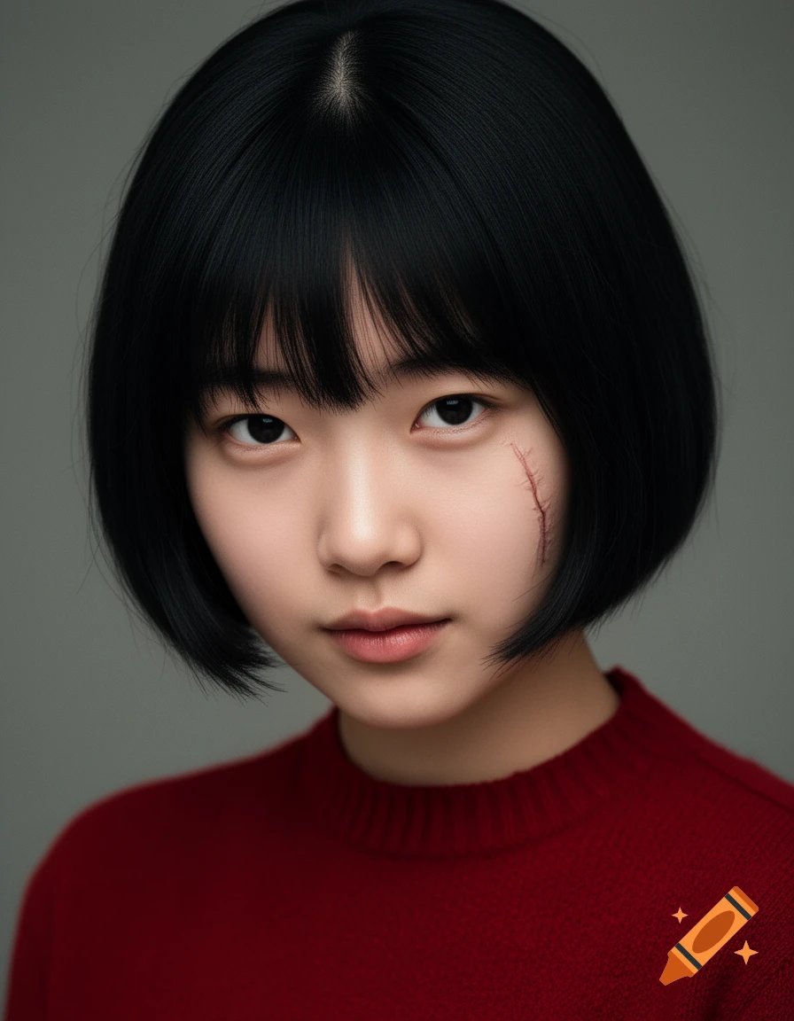 Photorealistic portrait of a young Asian woman with a short black bob, a faded scar on her right cheek, and a red sweater.