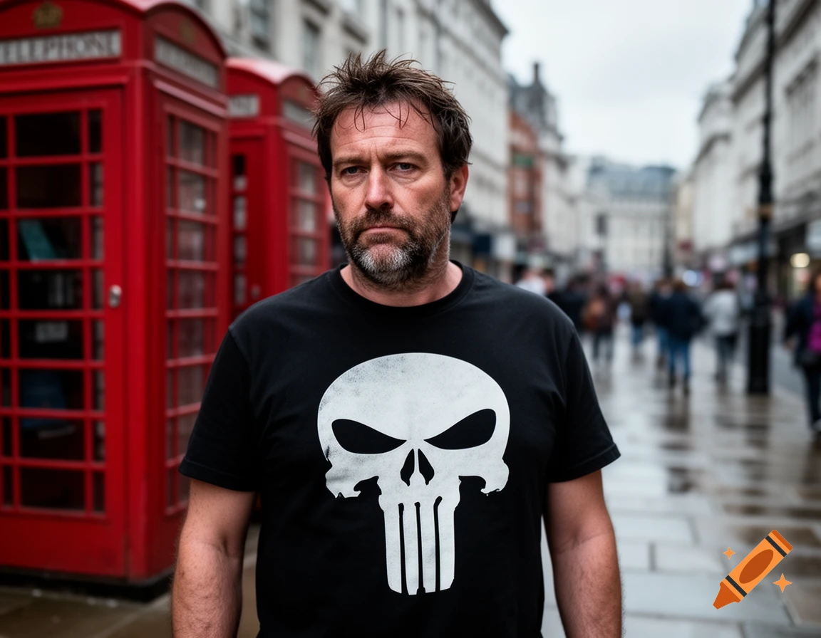 A bearded man in a black Punisher t-shirt stands on a wet city street with red telephone booths in the background, photorealistic.
