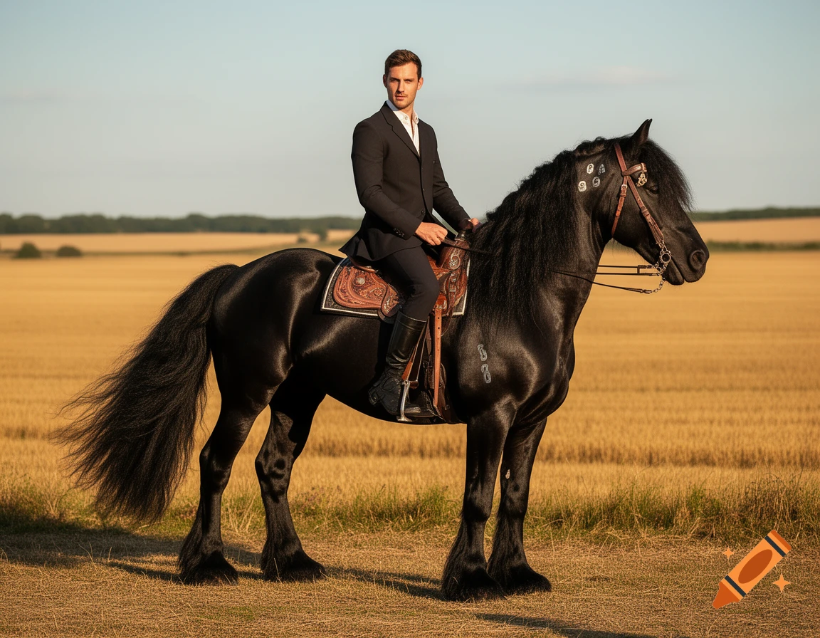A man in a black suit rides a majestic black Friesian horse in a golden field under a clear sky.
