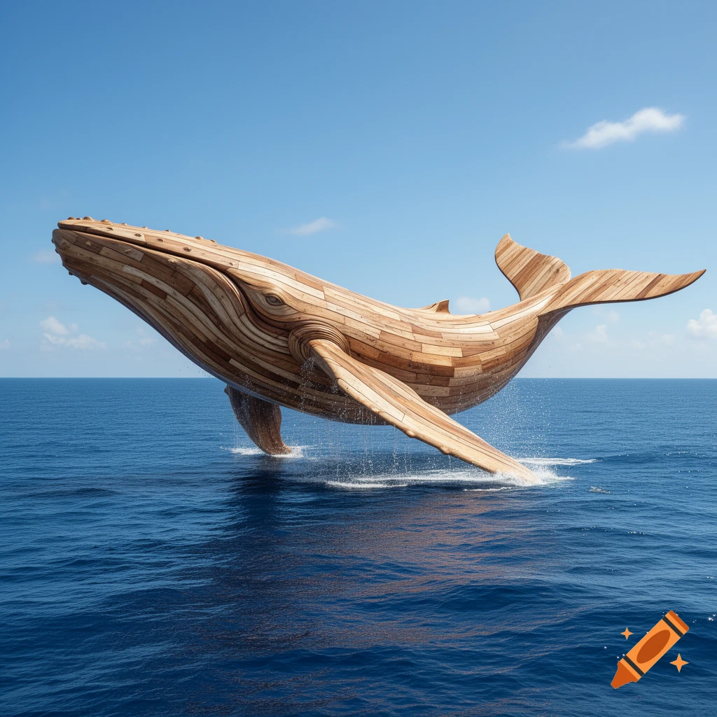 A majestic whale sculpture made of wooden planks breaches from the blue ocean against a clear sky.